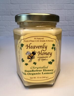 chrystalled-creamy-sunflower honey with lemon oil 12oz hex glass jar