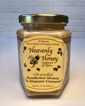 chrystalled creamy sunflower honey-with-organic cinnamon 12oz hex glass jar