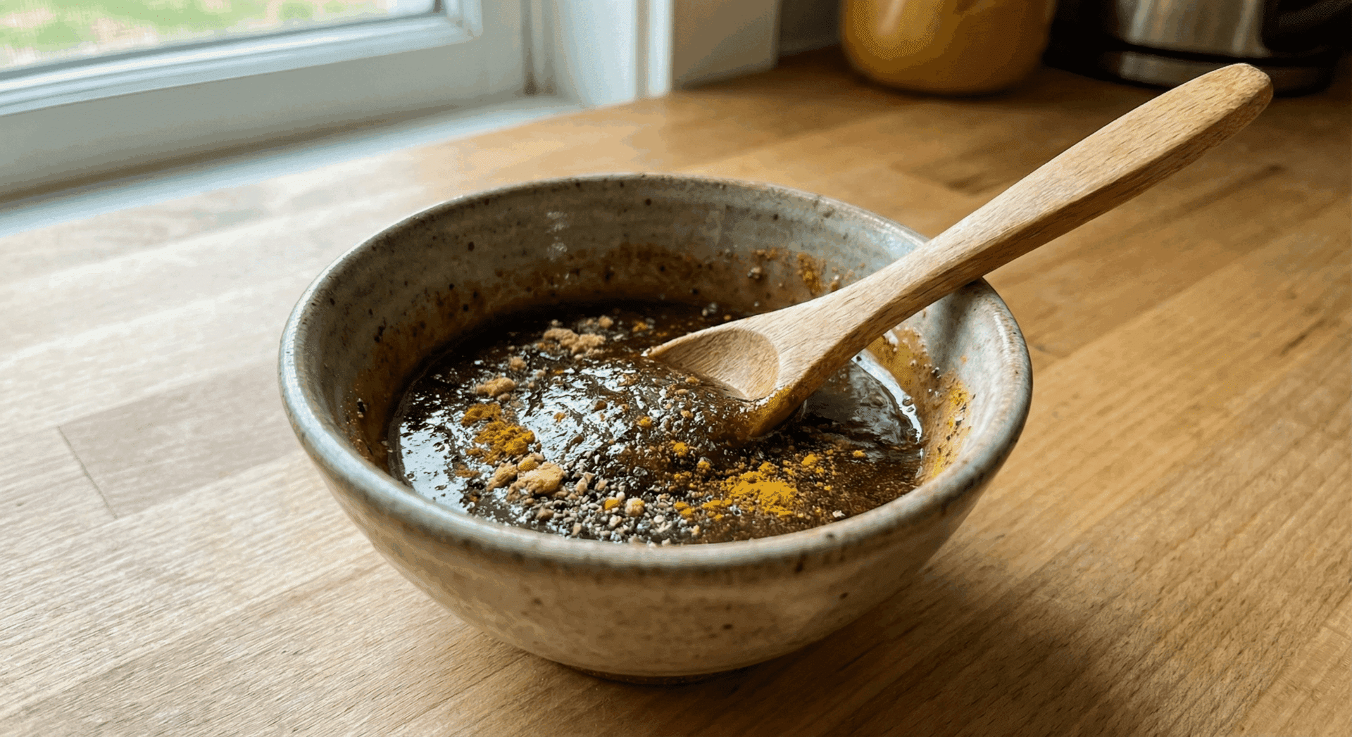 A close-up of Barbara’s Signature Sinus Clearer, a dark paste made of raw Buckwheat honey, ginger, and turmeric in a small bowl for natural sinus relief.