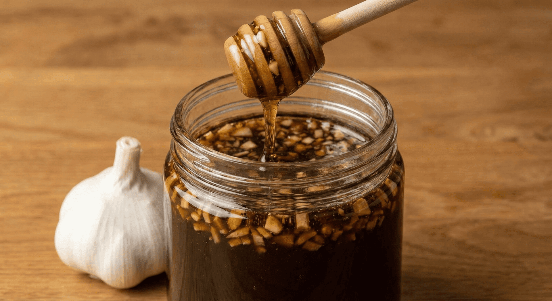 Homemade Garlic and Buckwheat honey pantry syrup for flu relief, featuring minced fresh garlic infused in dark, raw unfiltered honey.