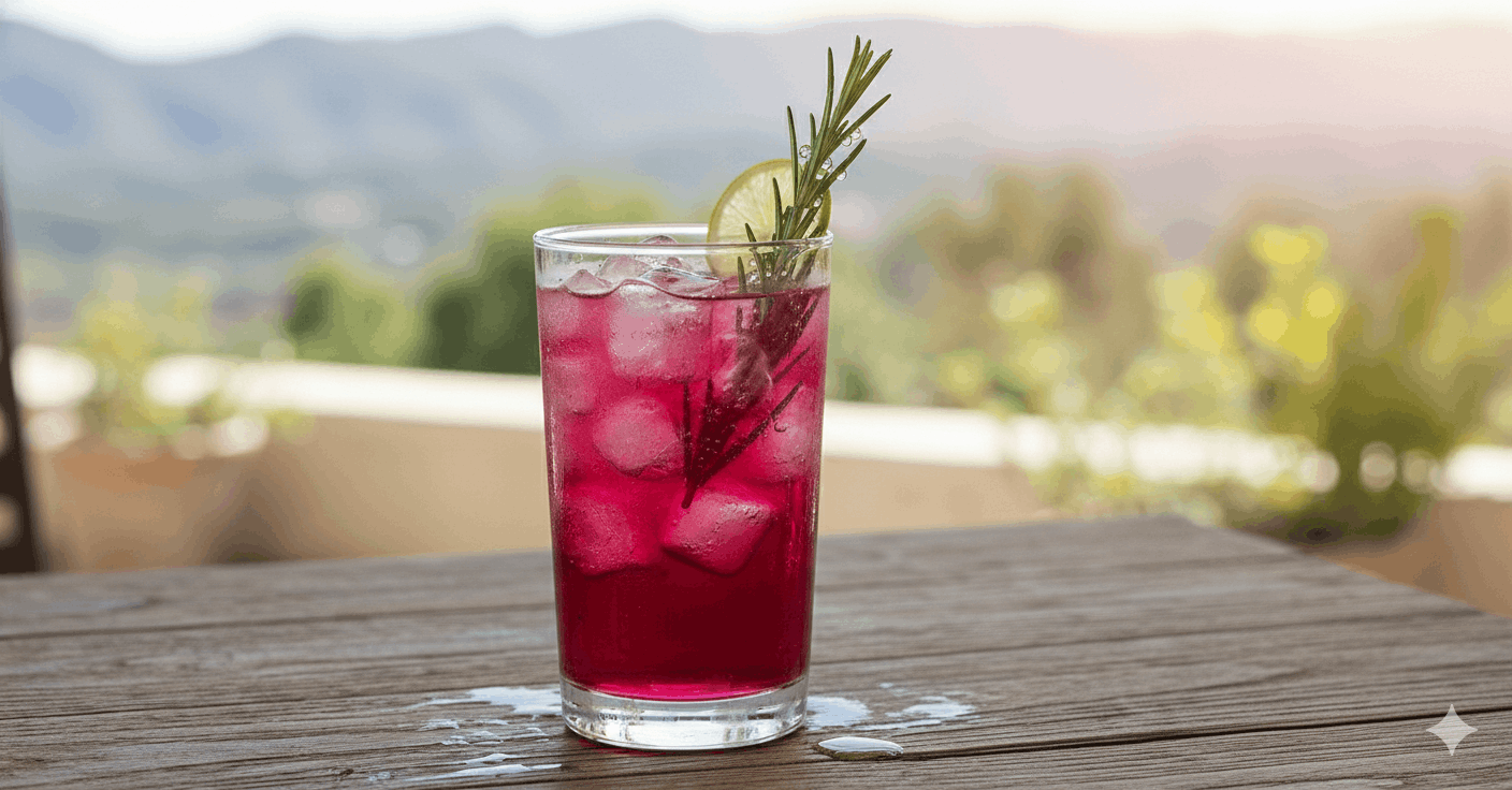An elegant pink hibiscus mocktail served in a glass with ice, garnished with a lime slice and a rosemary sprig.