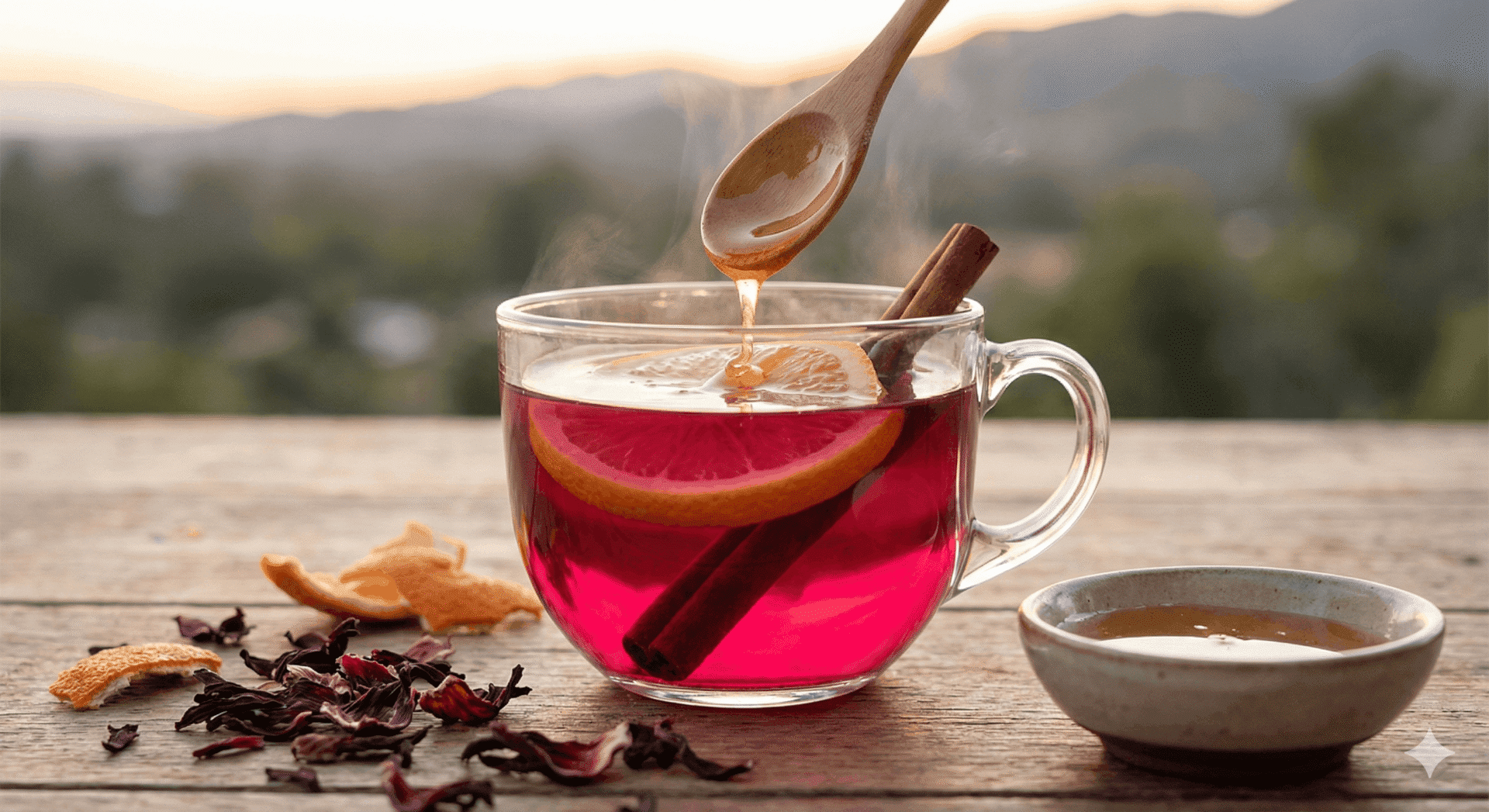 A clear mug of steaming Ojai Pink Moment hot tea with an orange slice and cinnamon stick, drizzled with Heavenly Honey.